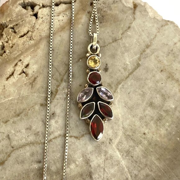 Sterling Silver 925 Multi Gemstone Garnet Citrine Spinel Pendant Necklace 18" - Picture 1 of 16